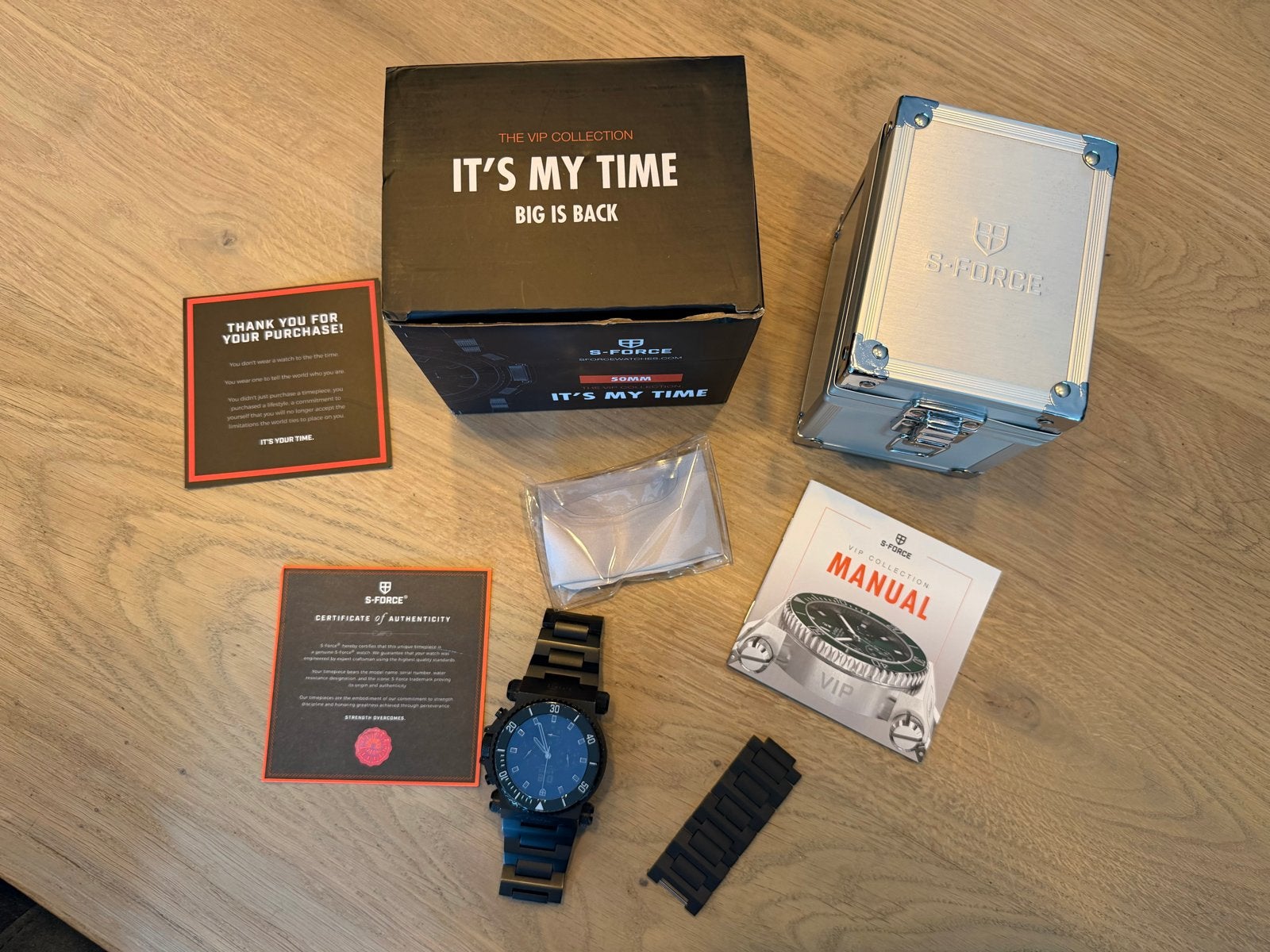 S Force VIP Khan Horloge - Zwart met Doos en Accessoires, Overige merken, Staal, Polshorloge, Ophalen of Verzenden