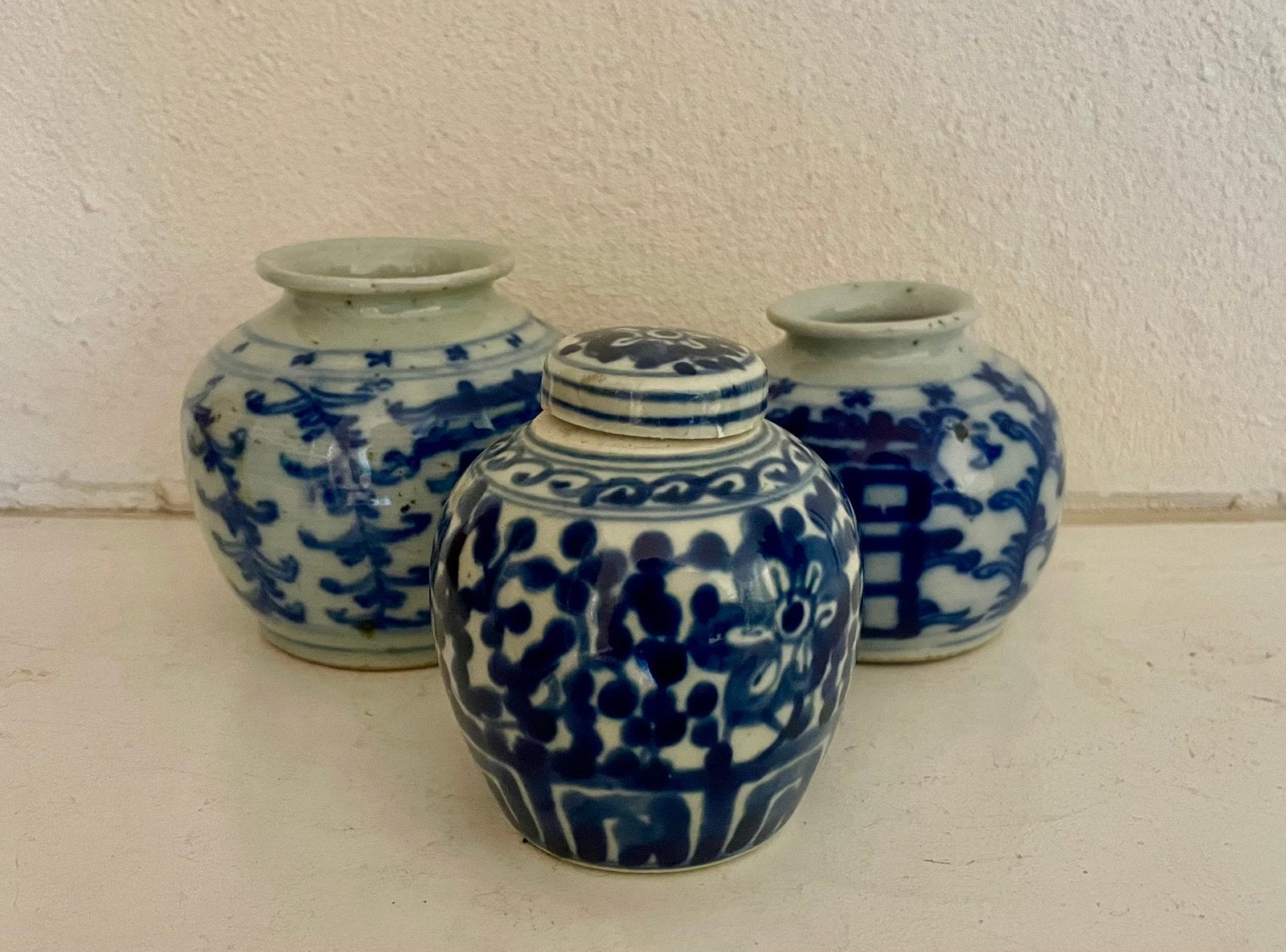 Drie Chinese porseleinen opium / gember potjes, Steen/keramiek, Blauw, Ophalen of Verzenden, China