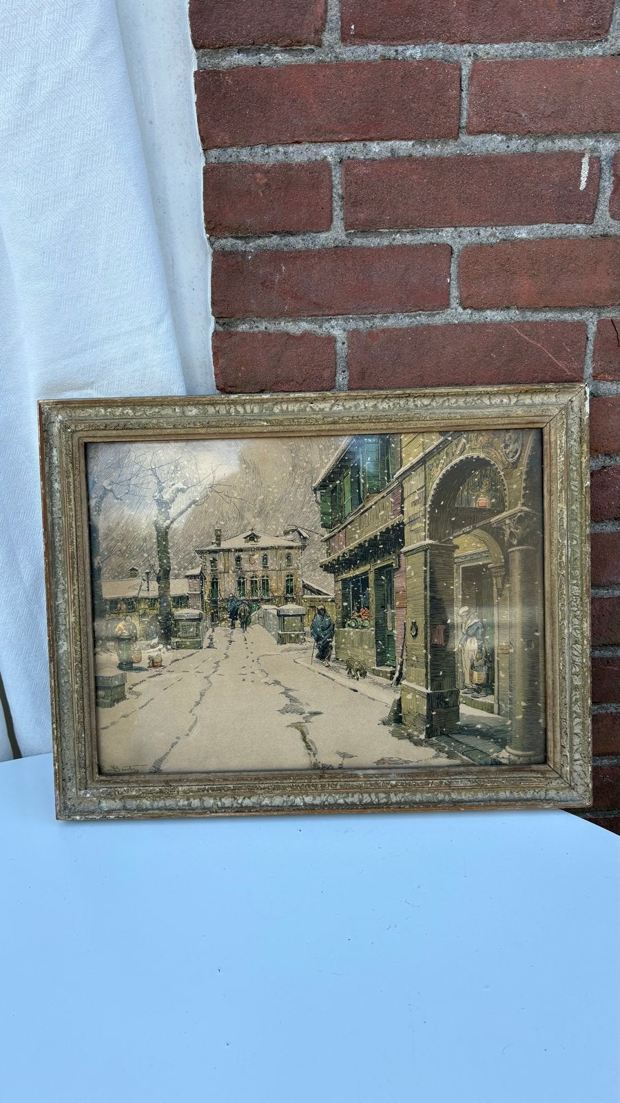 Oud Hollands Stadsgezicht in de Sneeuw - Ingelijst, Achter glas, Oud hollands, Ophalen of Verzenden, Print
