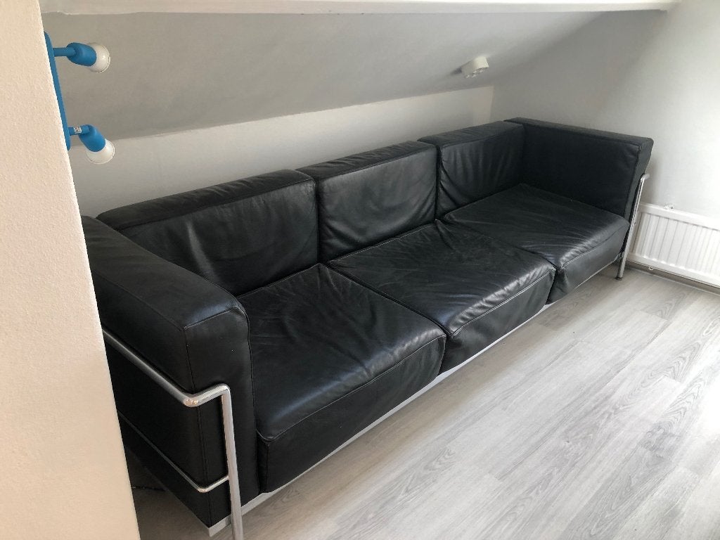 corbusier LC3 - achtige bank zwart leer, Ophalen, Gebruikt, Driepersoons, 75 tot 100 cm