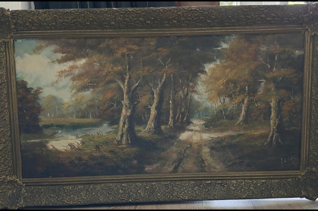 Prachtig Schilderij Bospaden met meer van F. Laan, Antiek en Kunst, Realistisch, Ophalen of Verzenden, Landschap, Olieverf