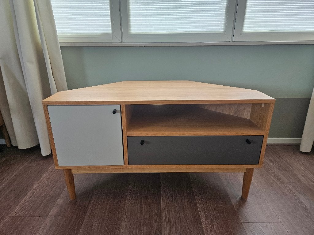 Made Campton hoek-tv-meubel, Ophalen, Gebruikt, 100 tot 150 cm, Eikenhout