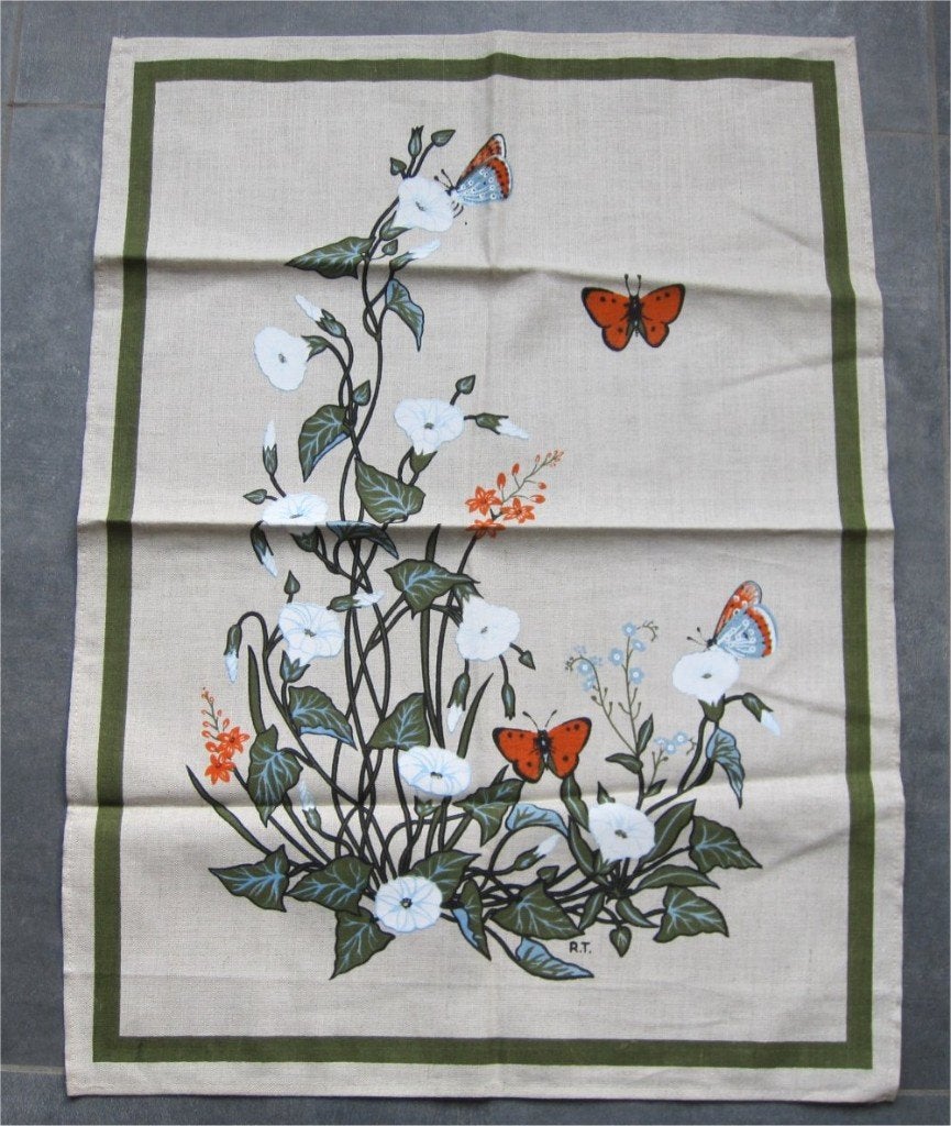 Doek, versierd met vlinders - half linnen, half katoen, Ophalen of Verzenden