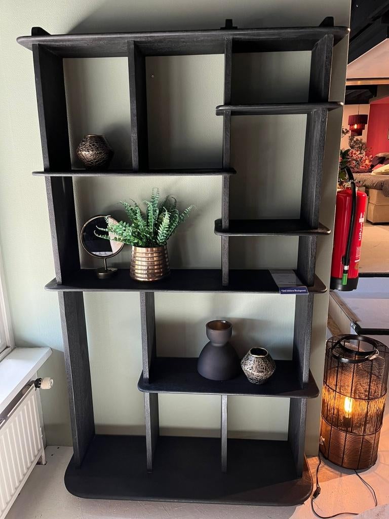 Boekenkast Bolonga - Mangohout Zwart, Ophalen, Met plank(en), 100 tot 150 cm, 200 cm of meer