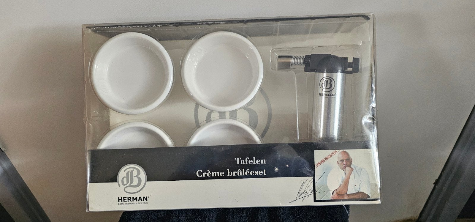 Crème brûlée set met brander - Herman den Blijker, Overige typen, Ophalen of Verzenden, Zo goed als nieuw, Steen/keramiek