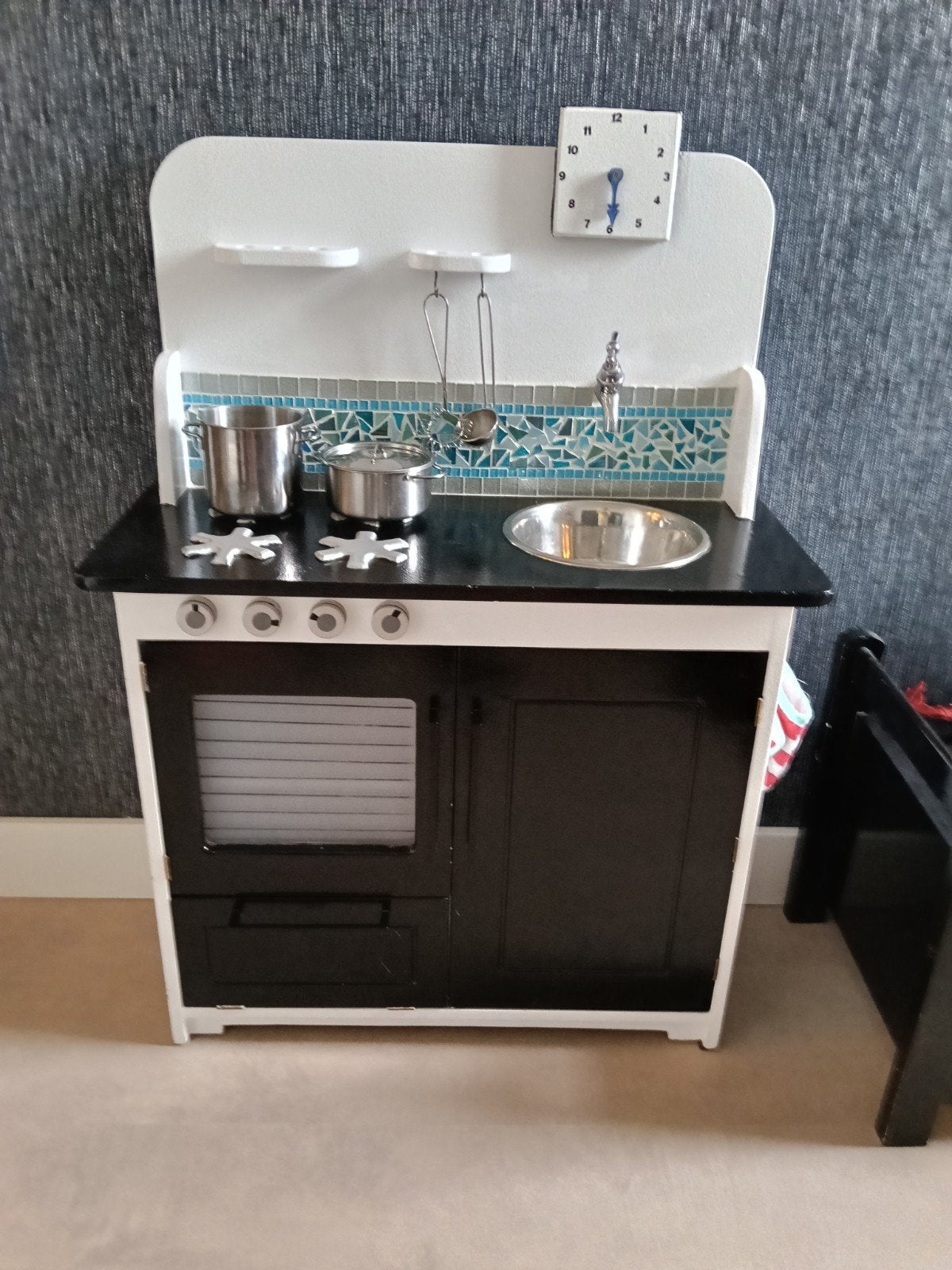 Houten Speelkeuken met Accessoires - Zwart/Wit Design, Ophalen, Zo goed als nieuw, Hout, Speelkeuken