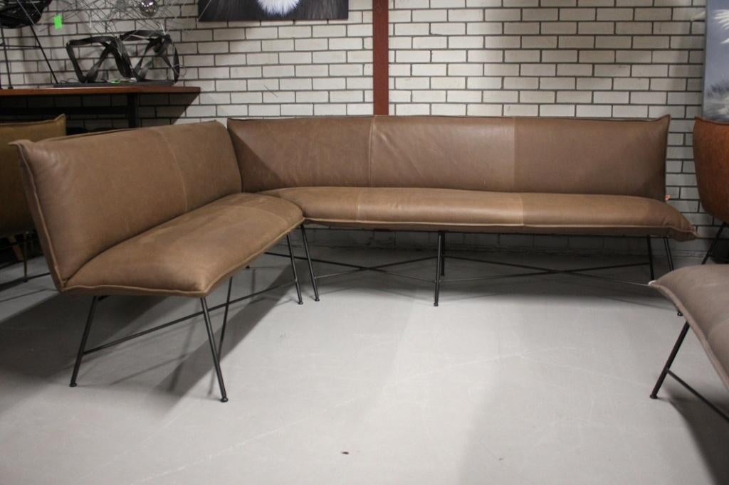 Luxe eetkamerbank hoekbank VIDAR Jess Design metaal & leer, Ophalen, Bruin, Zo goed als nieuw, Vijf, Zes of meer stoelen