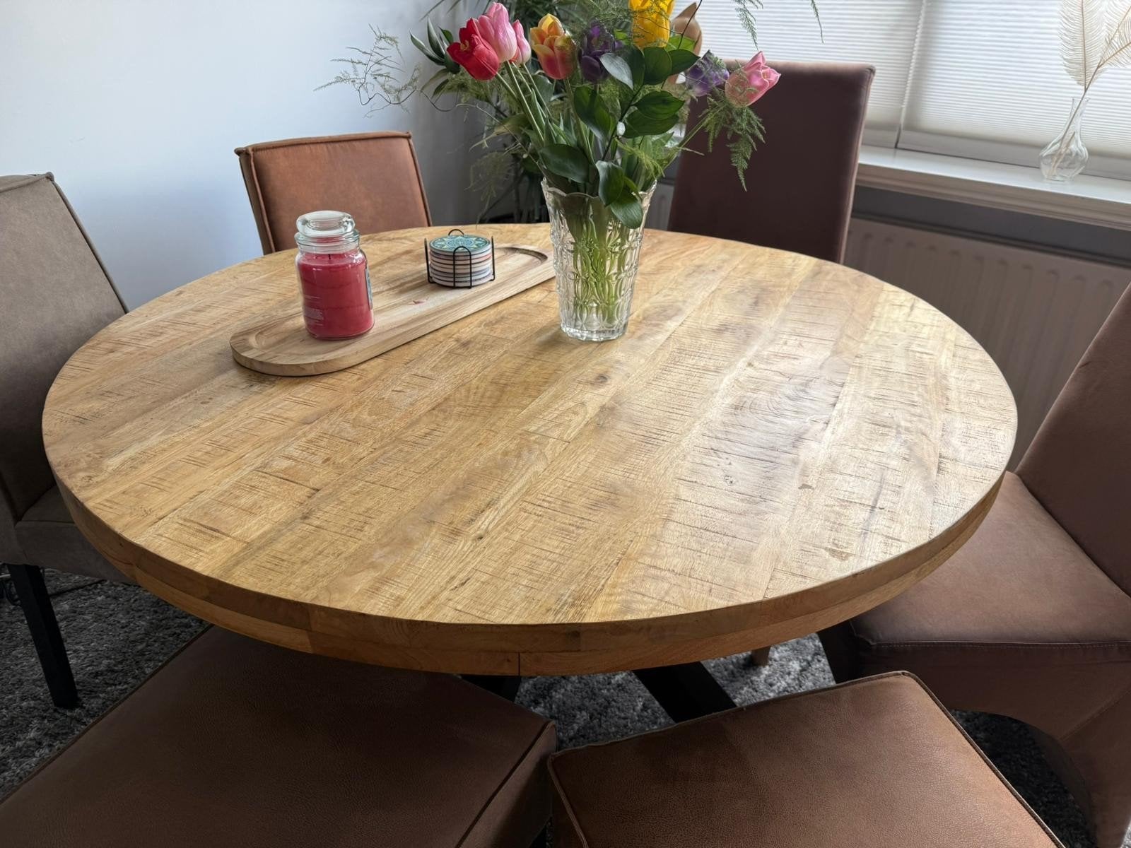 Ronde mangohouten eettafel - 130cm, Ophalen, Rond, Zo goed als nieuw, Vier personen