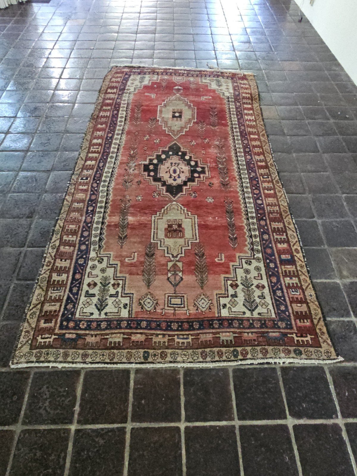 Vintage Perzisch tapijt Hamadan Iran, geometrische patronen., Ophalen, Gebruikt, 50 tot 100 cm, 150 tot 200 cm