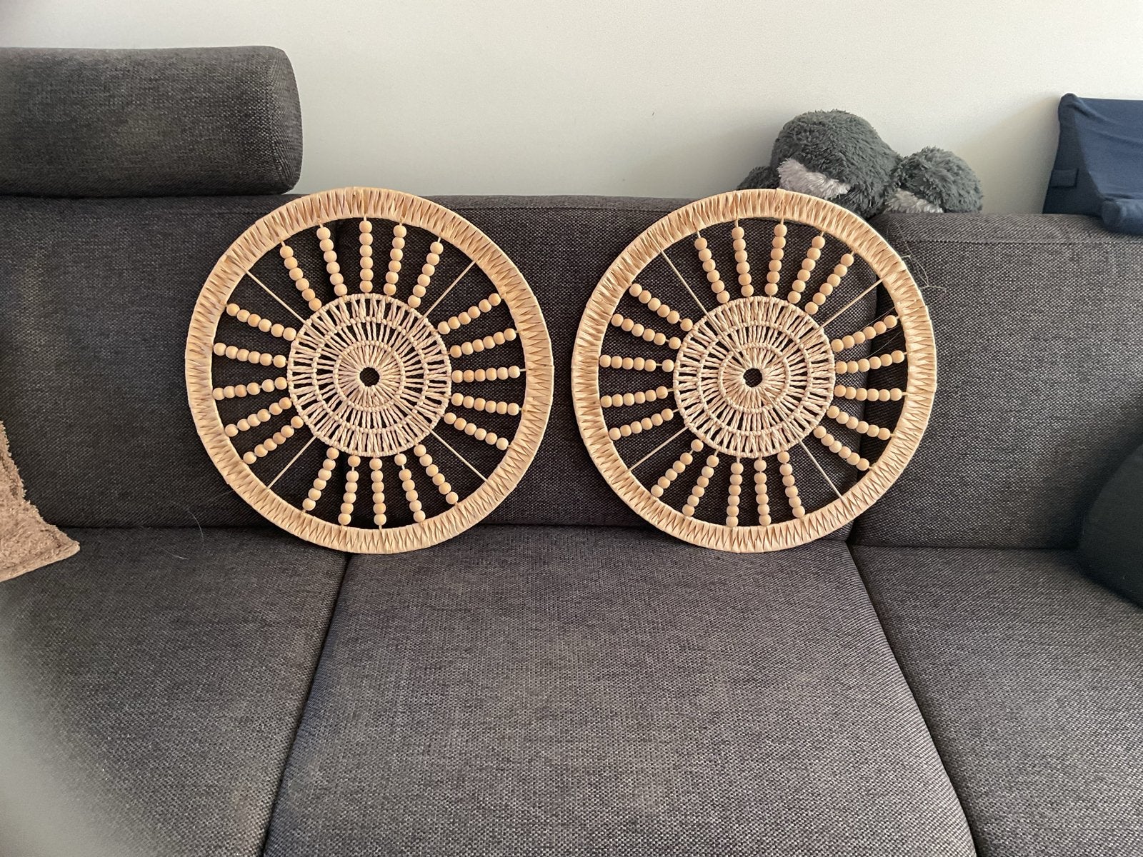 Set van 2 rotan wanddecoraties met houten kralen, Boho, Decoratieobject, Zo goed als nieuw, Natuurlijk materiaal
