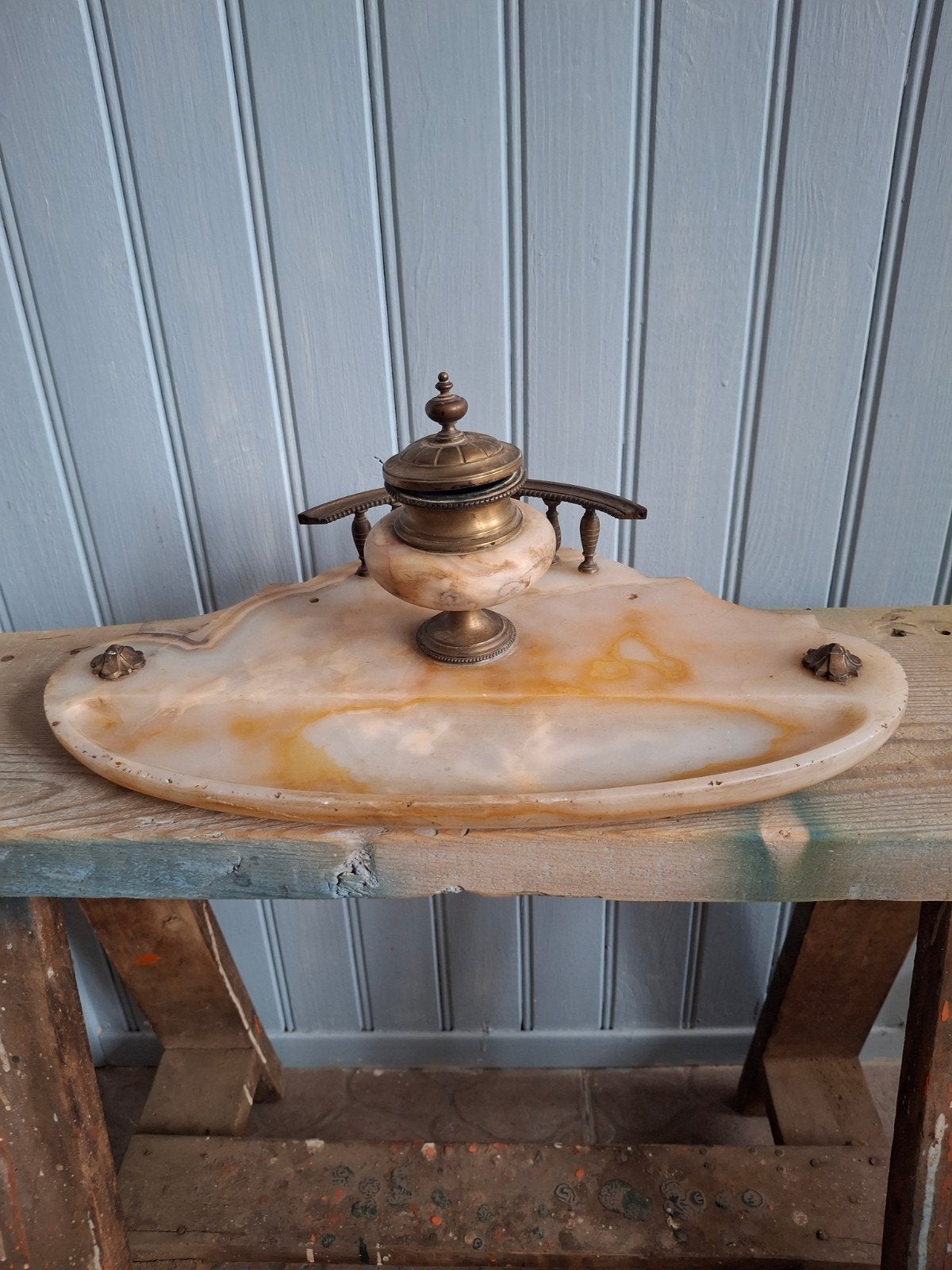 Antieke inktpot van onyx/marmer  en messing, Ophalen of Verzenden