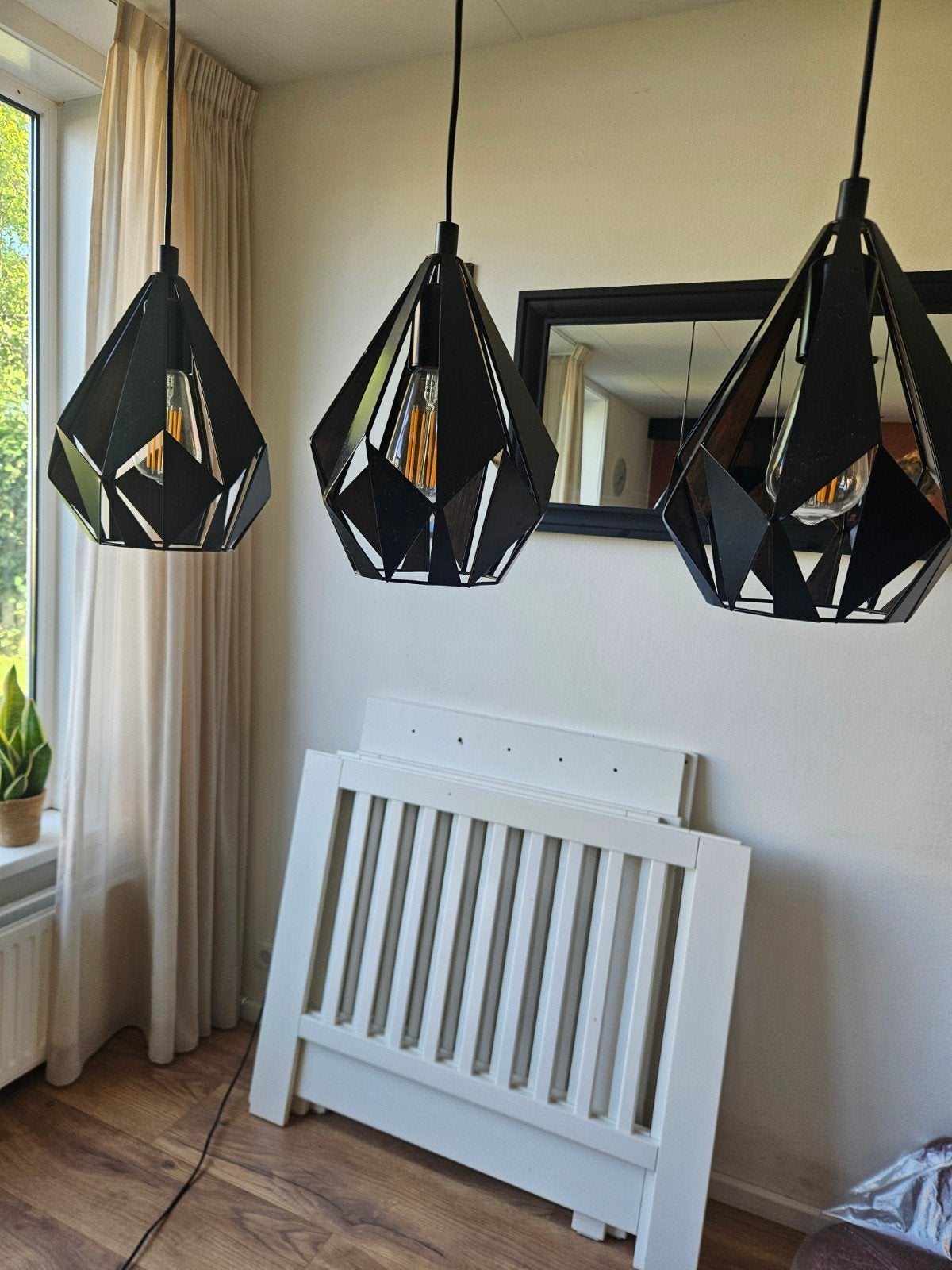 Set van 3 hanglampen, zwart, prijs inclusief lichtbron, Ophalen, Zo goed als nieuw, Metaal, Modern, Geometrisch