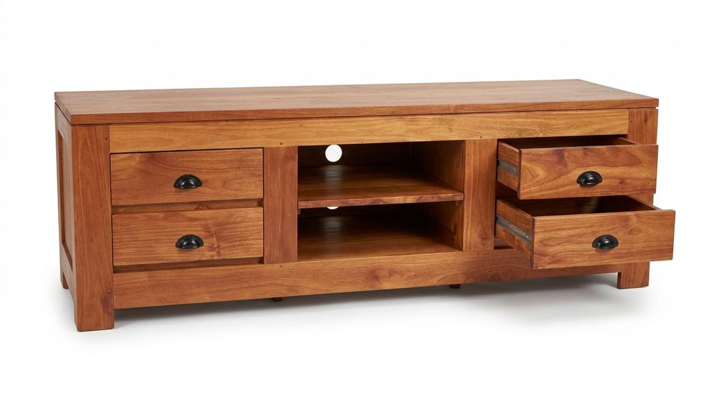 Teak TV-meubel met 4 lades en open vakken, 150 tot 200 cm, Teakhout, Nieuw, Uniek Teak