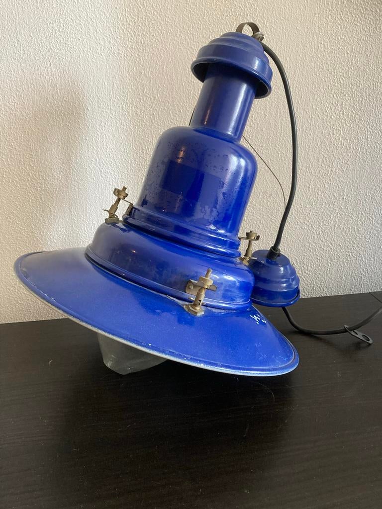 Industriële hanglamp blauw metaal, Ophalen of Verzenden, Gebruikt, Metaal, Minder dan 50 cm