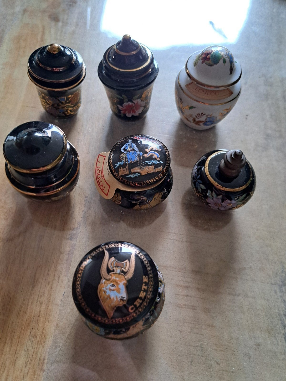 Zes vintage griekse parfumflesjes/zalfpotjes,, Ophalen of Verzenden