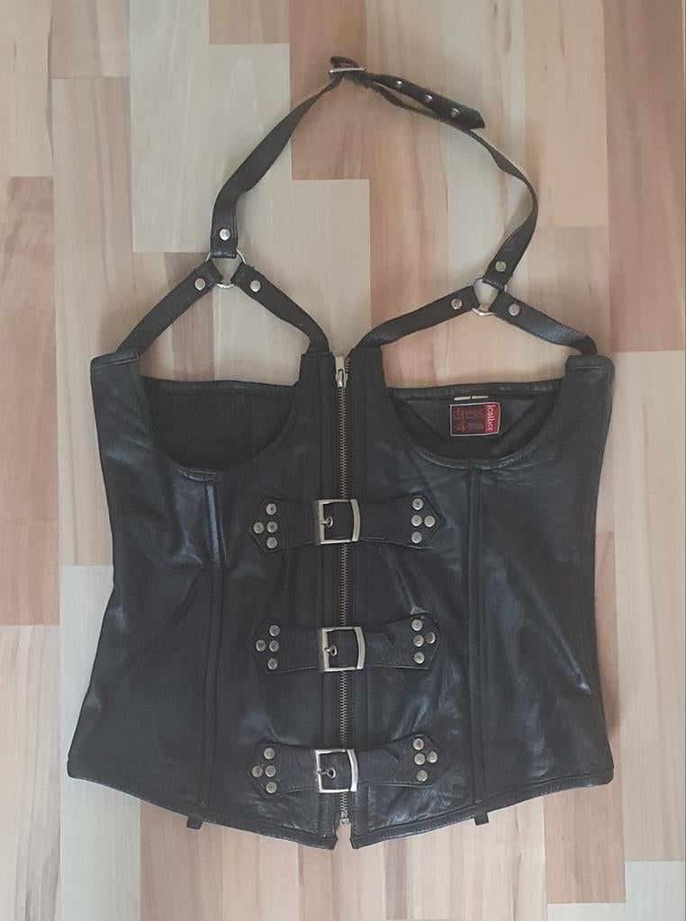 Zwarte leren dames top met baleinen en gespen, maat L, Ophalen of Verzenden, Maat 42/44 (L)
