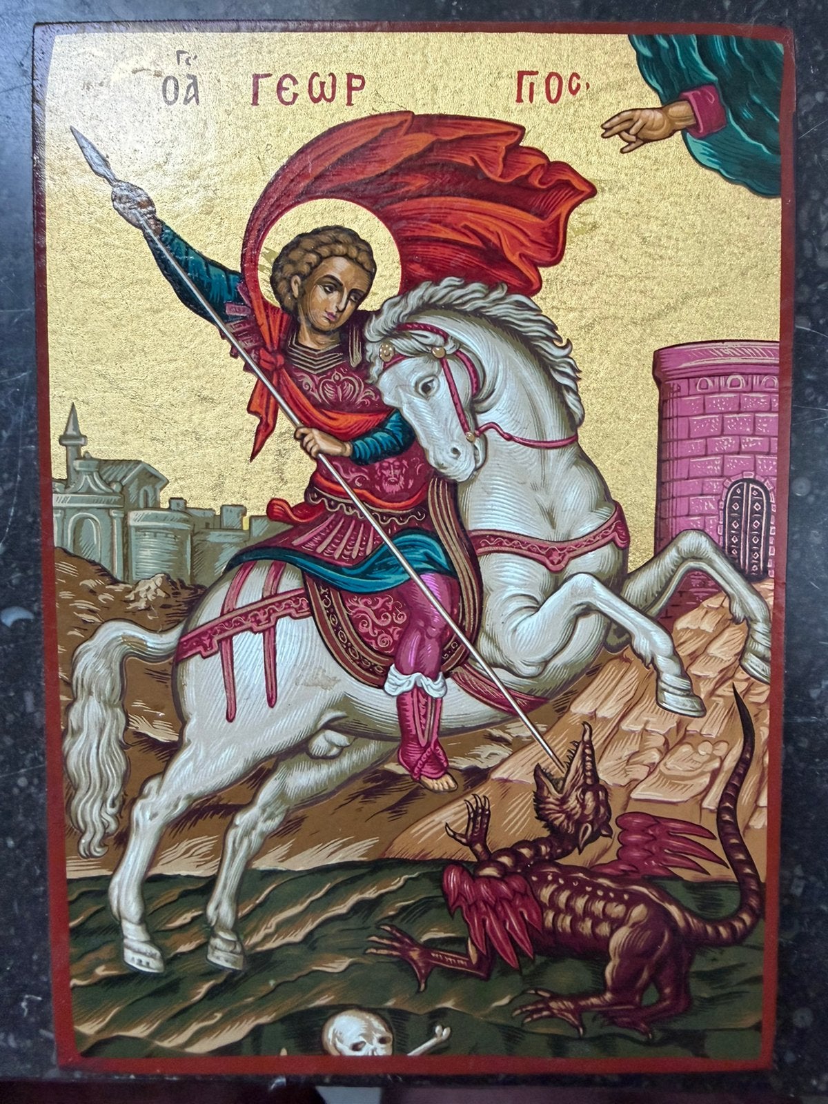 Griekse Icoon Sint Joris Draak (Agios Georgios) Certificaat, Ophalen of Verzenden, Zo goed als nieuw