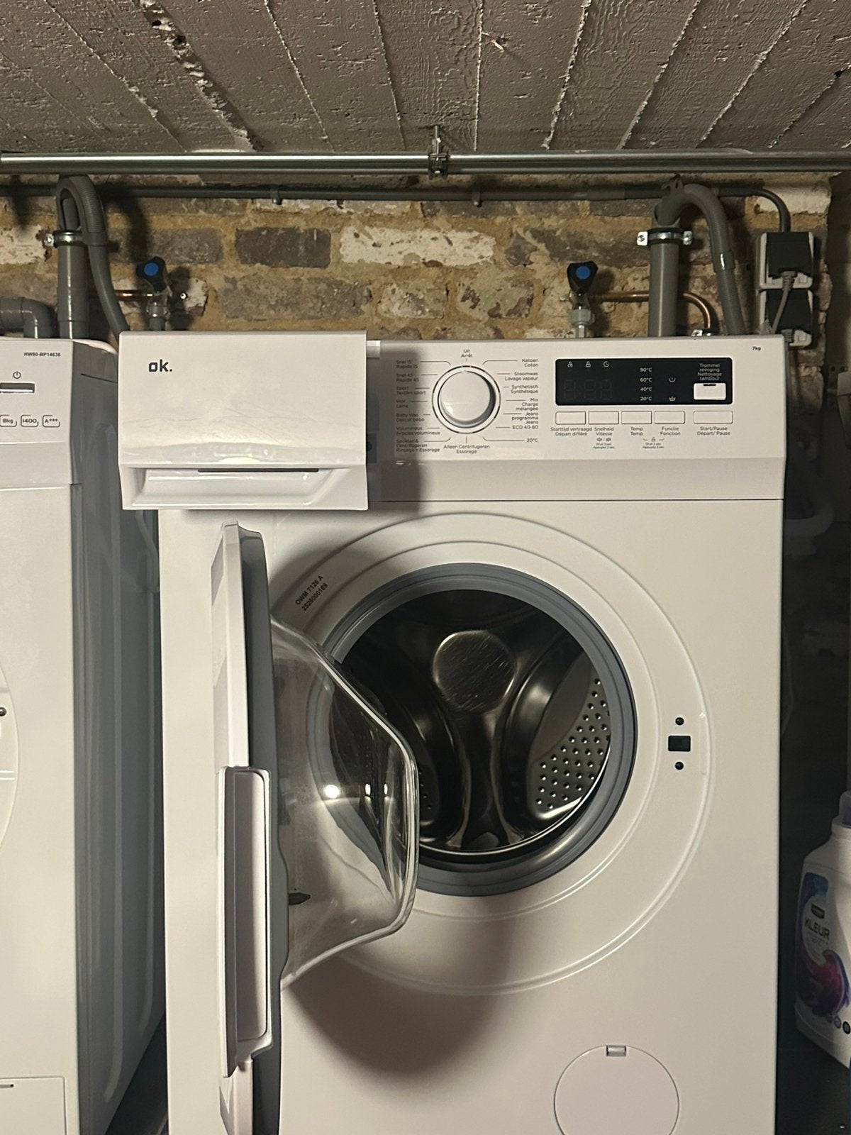 OK wasmachine 7 kg, Ophalen, Zo goed als nieuw, 1200 tot 1600 toeren, Minder dan 85 cm
