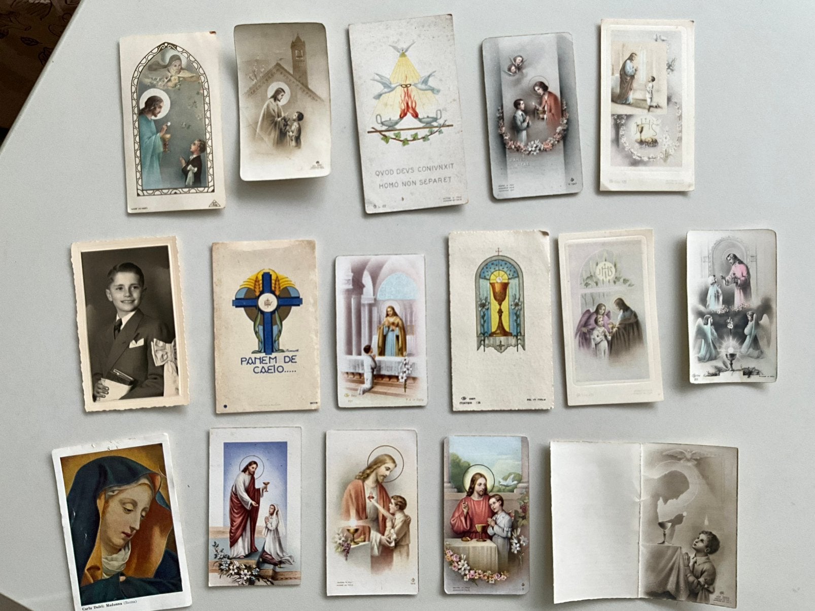 Lot van 16 antieke communieprentjes (1949-1957), Ophalen of Verzenden, Gebruikt, Kaart of Prent
