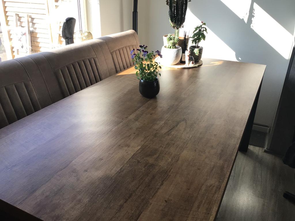 Eettafel 90 x 190 Lamulux Old Teak en bijbehoren, Huis en Inrichting, Tafels | Eettafels, Ophalen, Overige materialen, 50 tot 100 cm