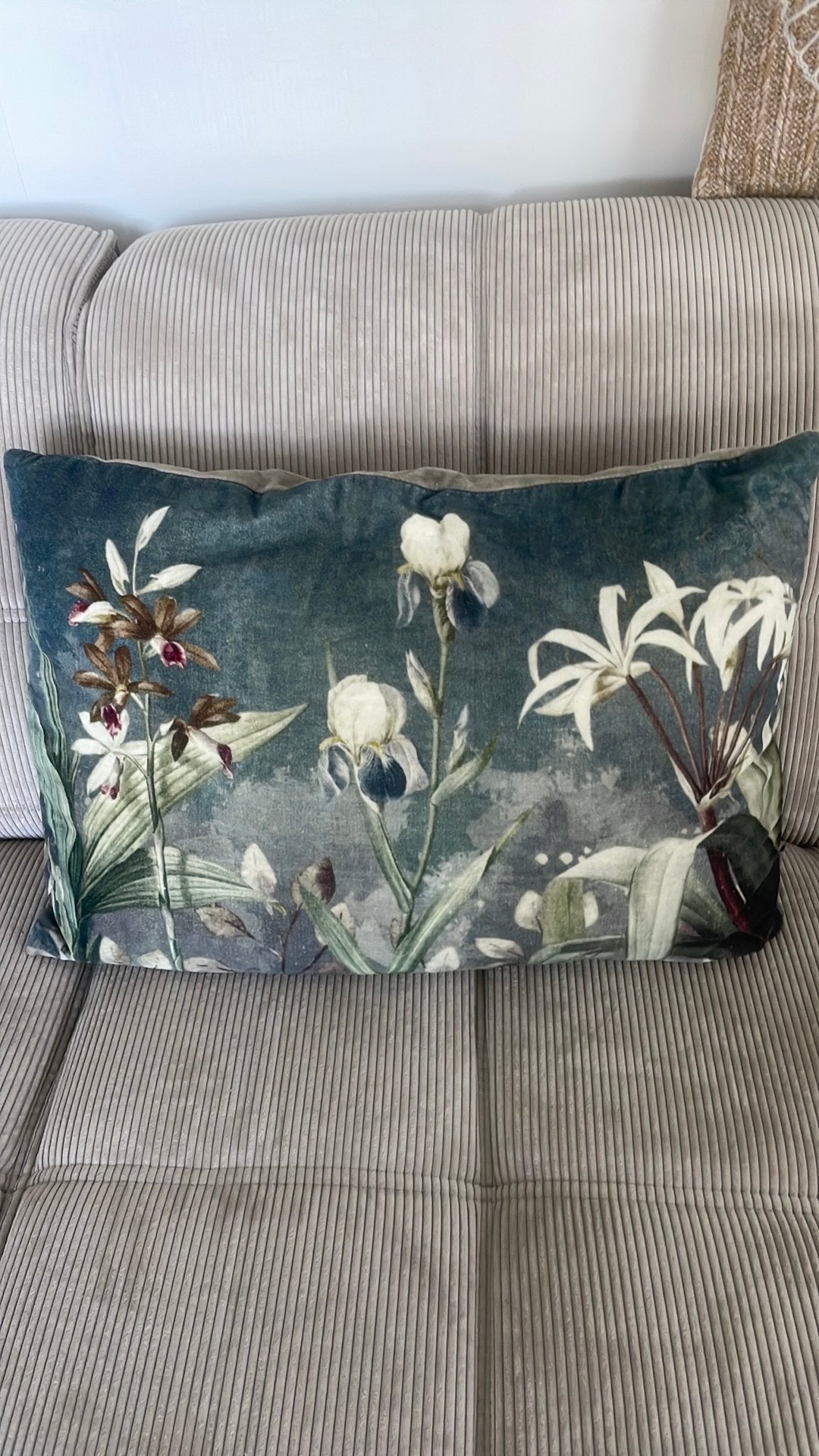 Velours kussen Irissen grijs/groen/blauw, Overige merken, Gebruikt, Blauw, Ophalen of Verzenden