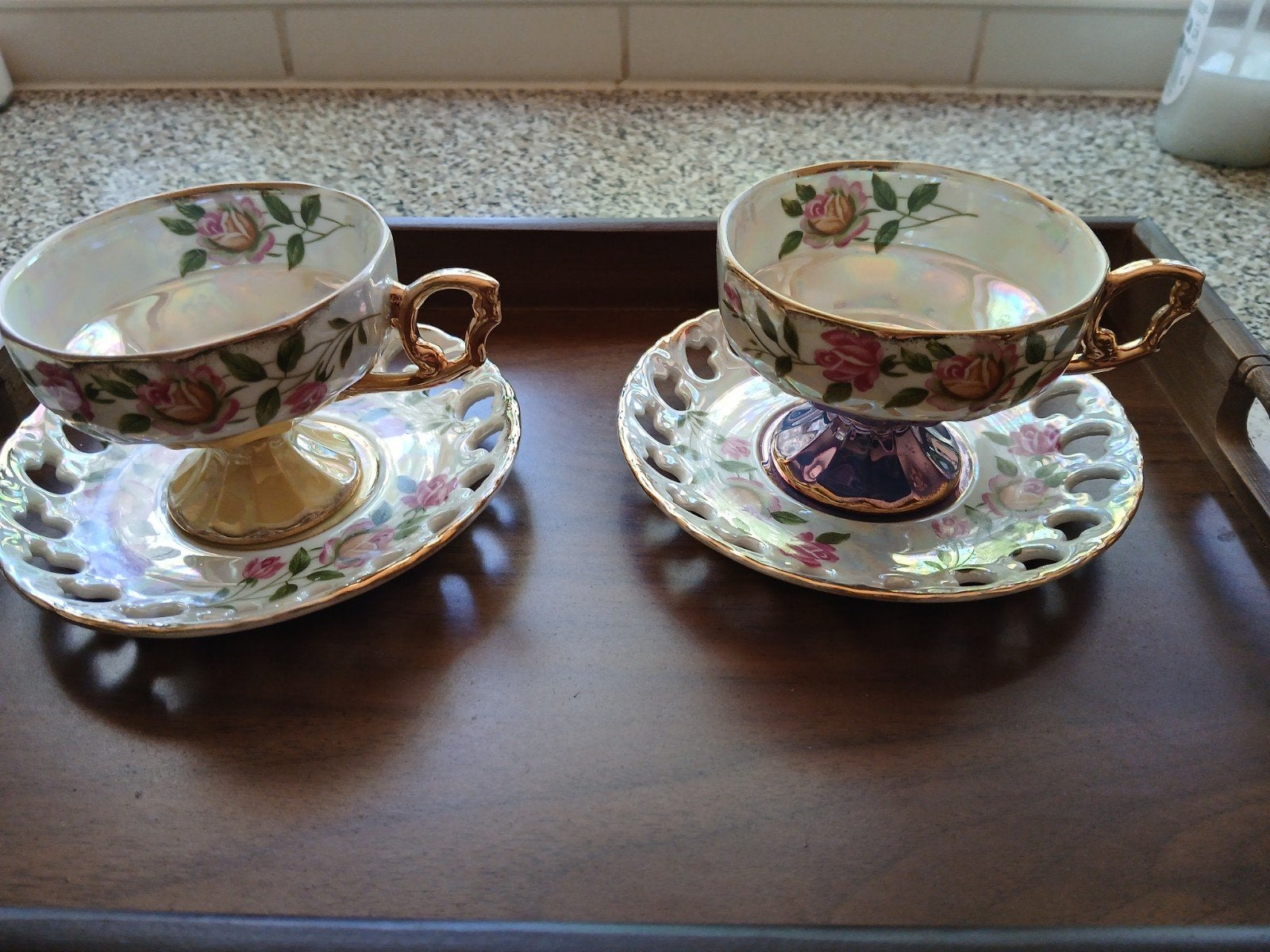 Prachtige Lusterware vintage theekopjes met schotels, set va, Ophalen