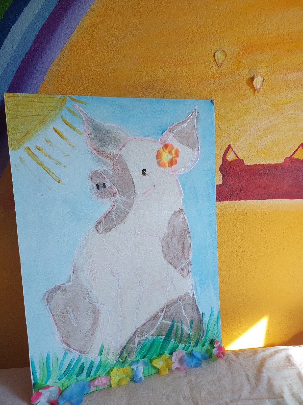 Vrolijk varken schilderij met bloemen, Ophalen