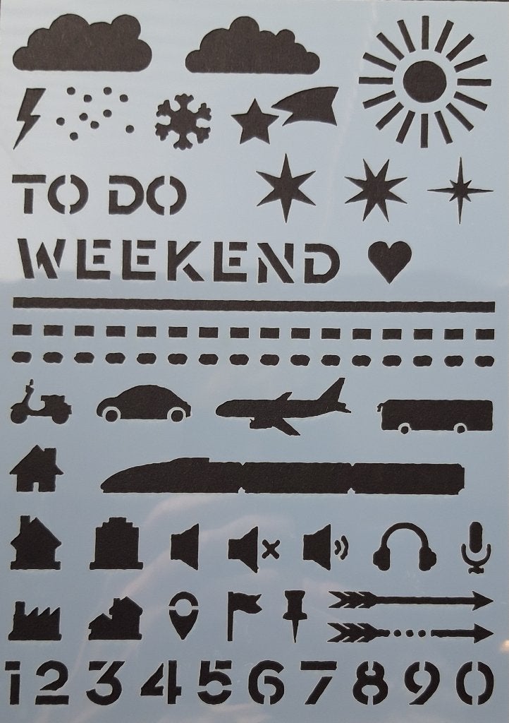 Deco stencil A5 nr 34 weekend vervoer geluid NIEUW, Hobby en Vrije tijd, Overige typen, Onbekend, Nieuw, Ophalen of Verzenden
