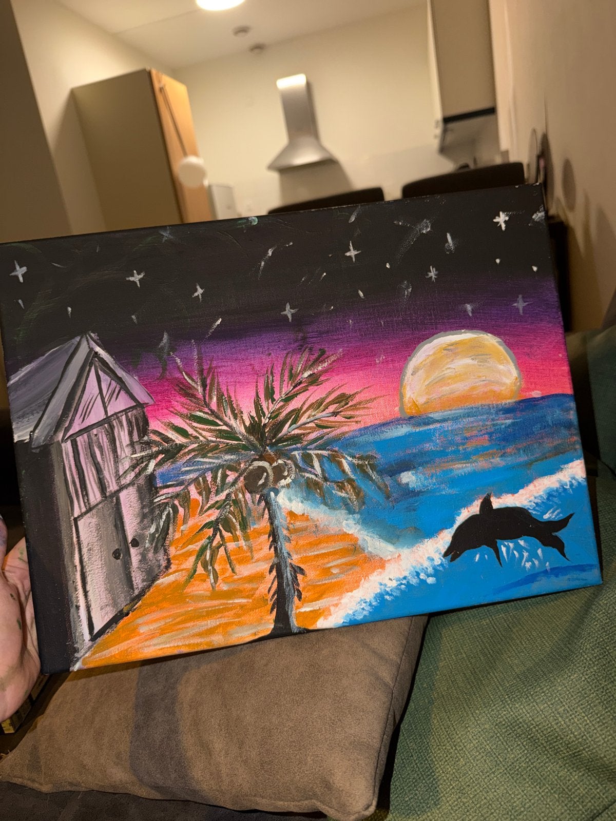 Schilderij: Strand, zonsondergang en sterrenhemel, Antiek en Kunst, Ophalen of Verzenden