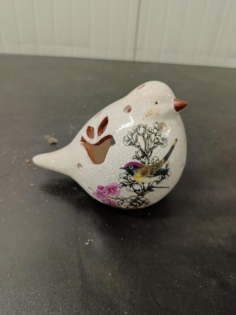 Keramische vogel theelichthouder met bloemen en vogel, Vintage, Gebruikt, Ophalen of Verzenden, Wit