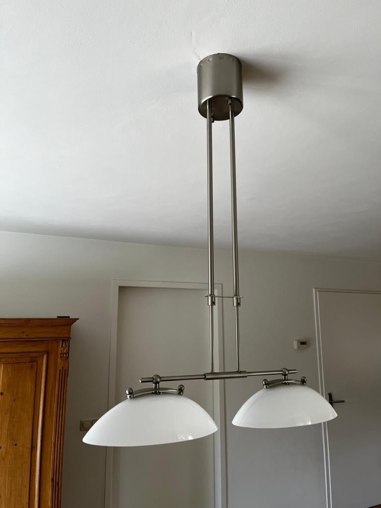 In hoogte verstelbare hanglamp met RVS geborsteld, Huis en Inrichting, Lampen | Hanglampen, Ophalen, Gebruikt, Metaal, 75 cm of meer
