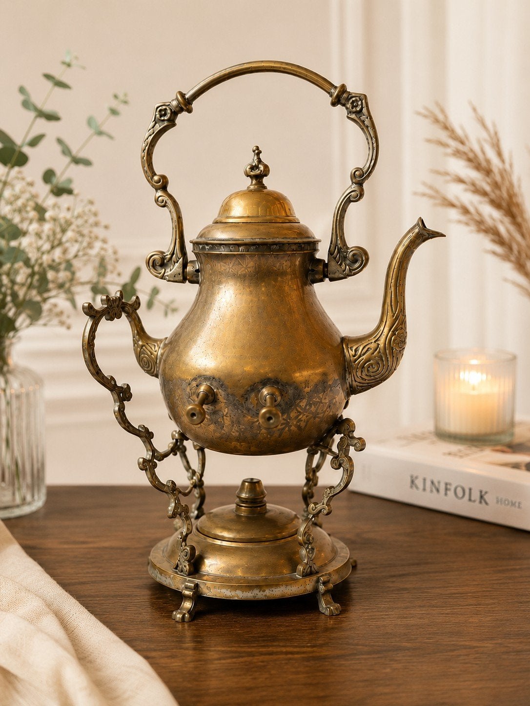 Antieke messing theeketel met standaard, Ophalen of Verzenden