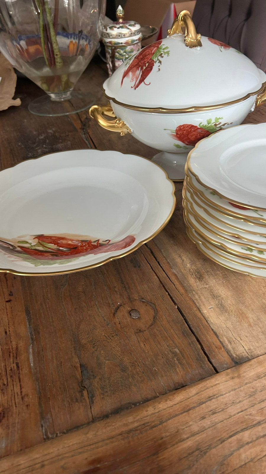 Antiek Belgisch servies met kreeftdecoratie – 12-delig, Ophalen of Verzenden