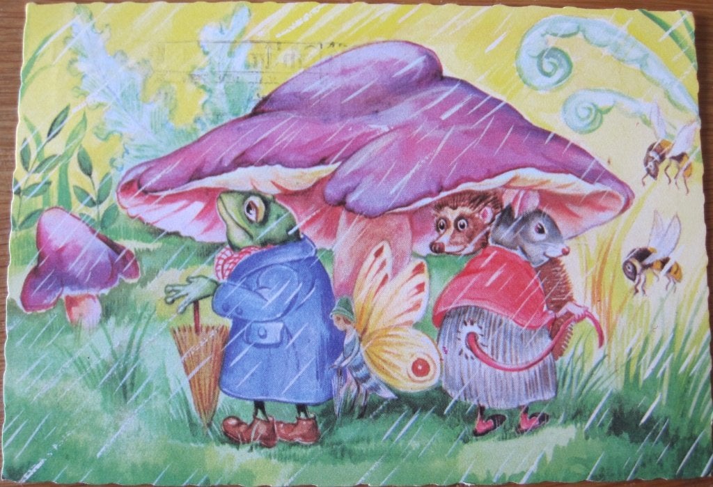 Kikker, pad en muis schuilen voor de regen - 1968, Ophalen of Verzenden, 1960 tot 1980, Gelopen, Overige thema's