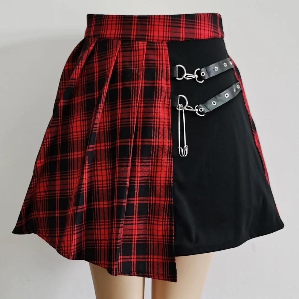 Gothic / Vintage rok ruiten stijl met hoge taille en riemen