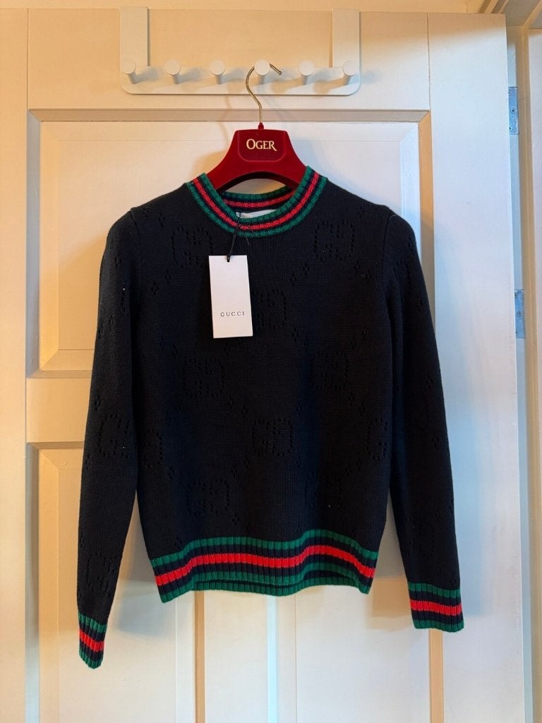 Gucci GG wollen trui zwart, groen rode Web streep, maat L, Verzenden, Zwart, Maat 42/44 (L), Nieuw