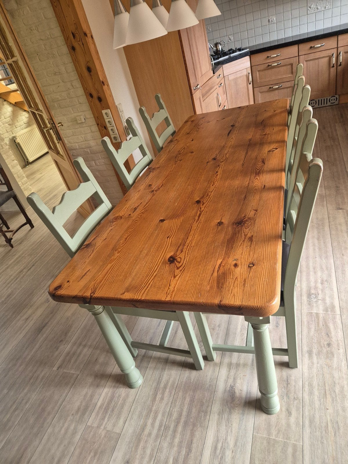 Robuuste houten grenen eettafel met 6 stoelen, Ophalen, Gebruikt, 200 cm of meer, Landelijke, brocante stijl