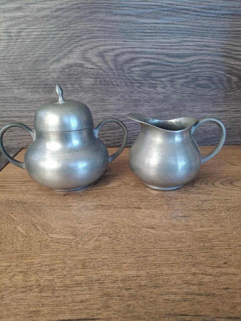 Tinnen suikerpot met melkkannetje, Antiek en Kunst, Ophalen of Verzenden