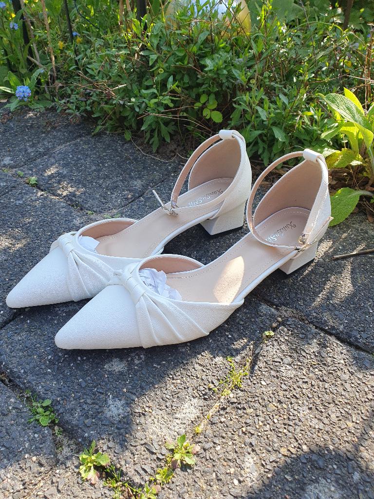 Schoenen, bruiloft, feest, wit, plat elegant, Schoenen met lage hakken, Verzenden, Wit, Nieuw