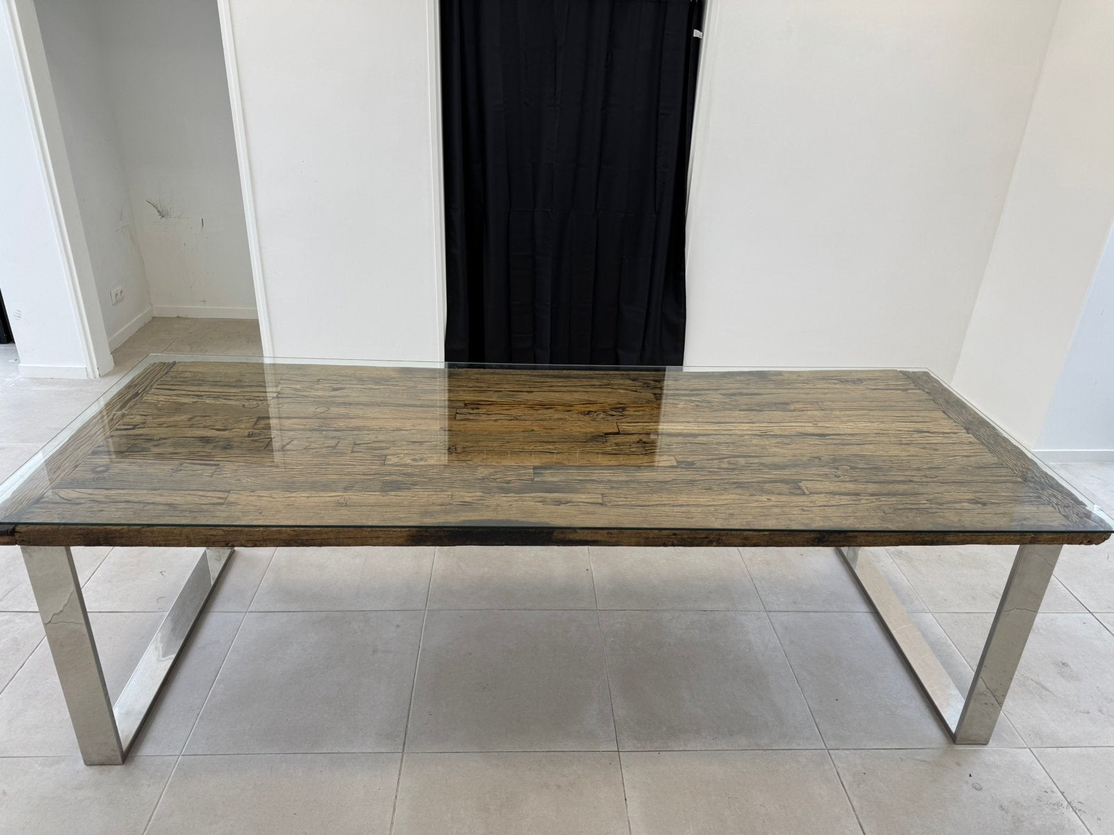 Grote vergadertafel/eettafel met glazen blad, Ophalen, 100 tot 150 cm, 200 cm of meer, Zo goed als nieuw