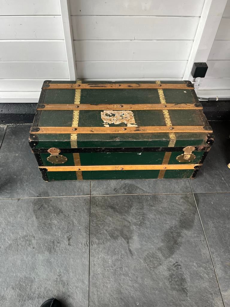 Vintage hutkoffer - Groen met houten accenten, Ophalen