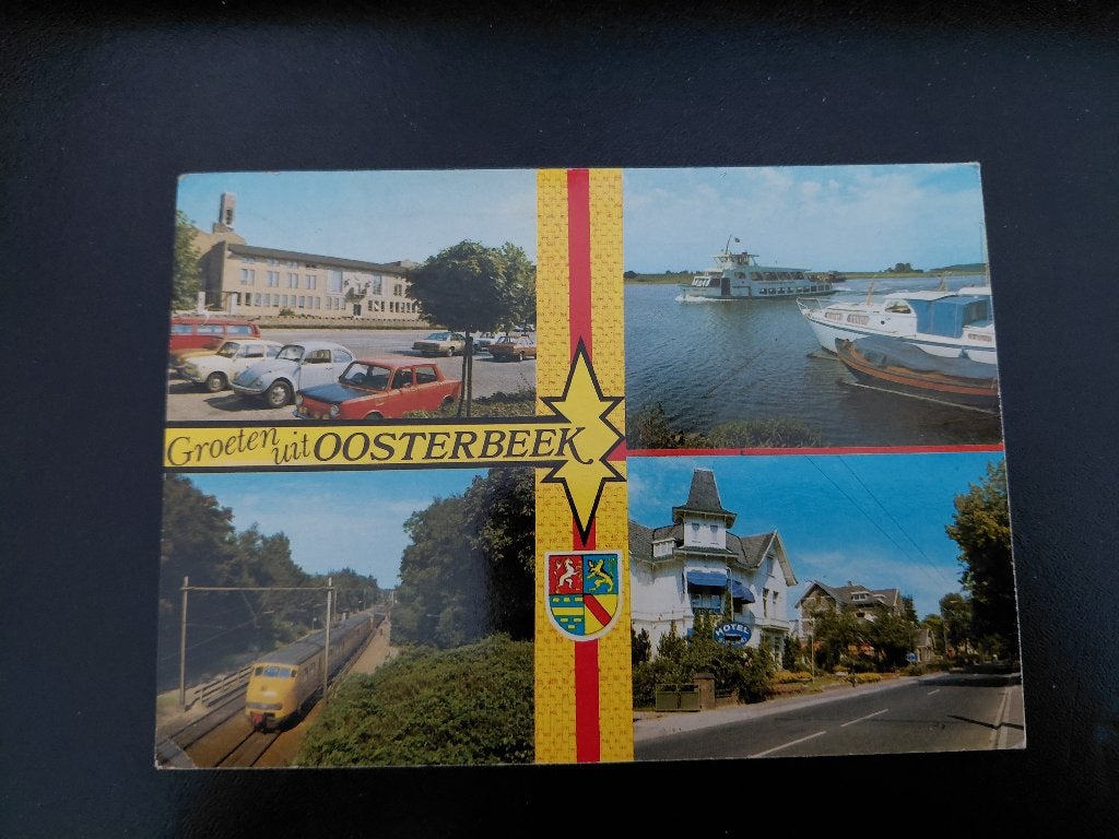 Groeten uit Oosterbeek, 4 luik, gelopen, oude auto's, trein,, Verzenden, 1960 tot 1980, Gelopen, Stad of Dorp