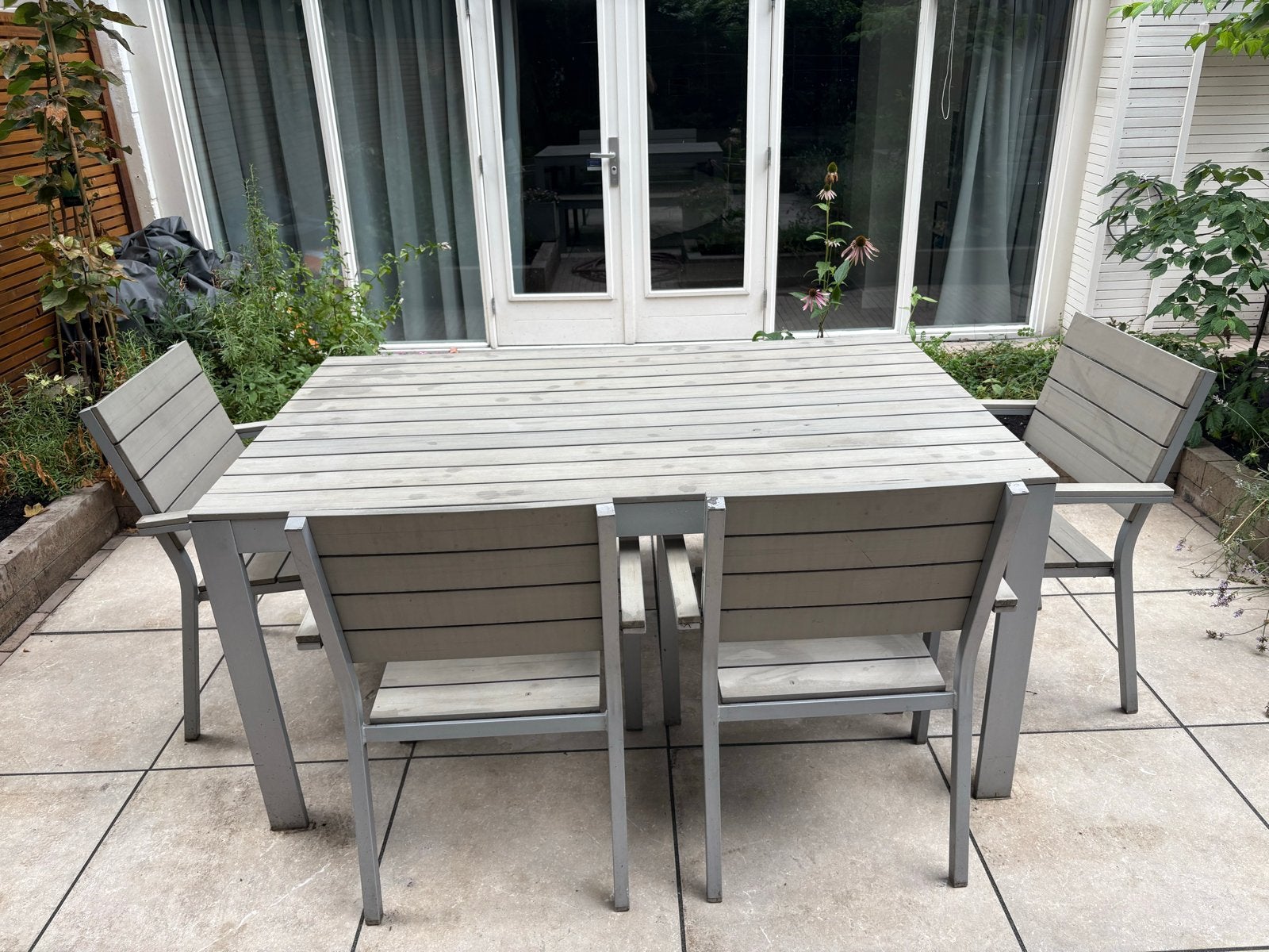 Tuinset Falster IKEA met tafel en bankje, 4 stoelen, Tuin en Terras, Ophalen, Gebruikt, 6 zitplaatsen, Hout