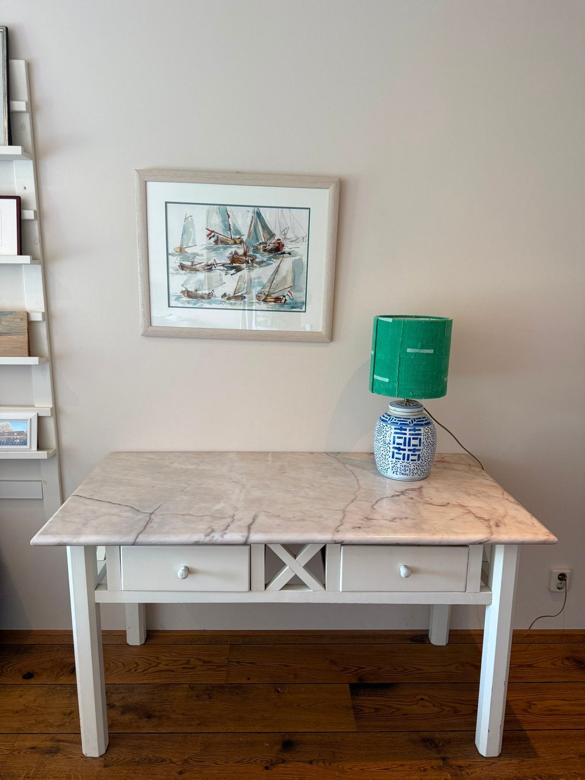 Houten tafel met Marmer tafelblad, Huis en Inrichting, Tafels | Sidetables, Ophalen, 100 tot 150 cm, Marmer tafelblad op houten onderstel