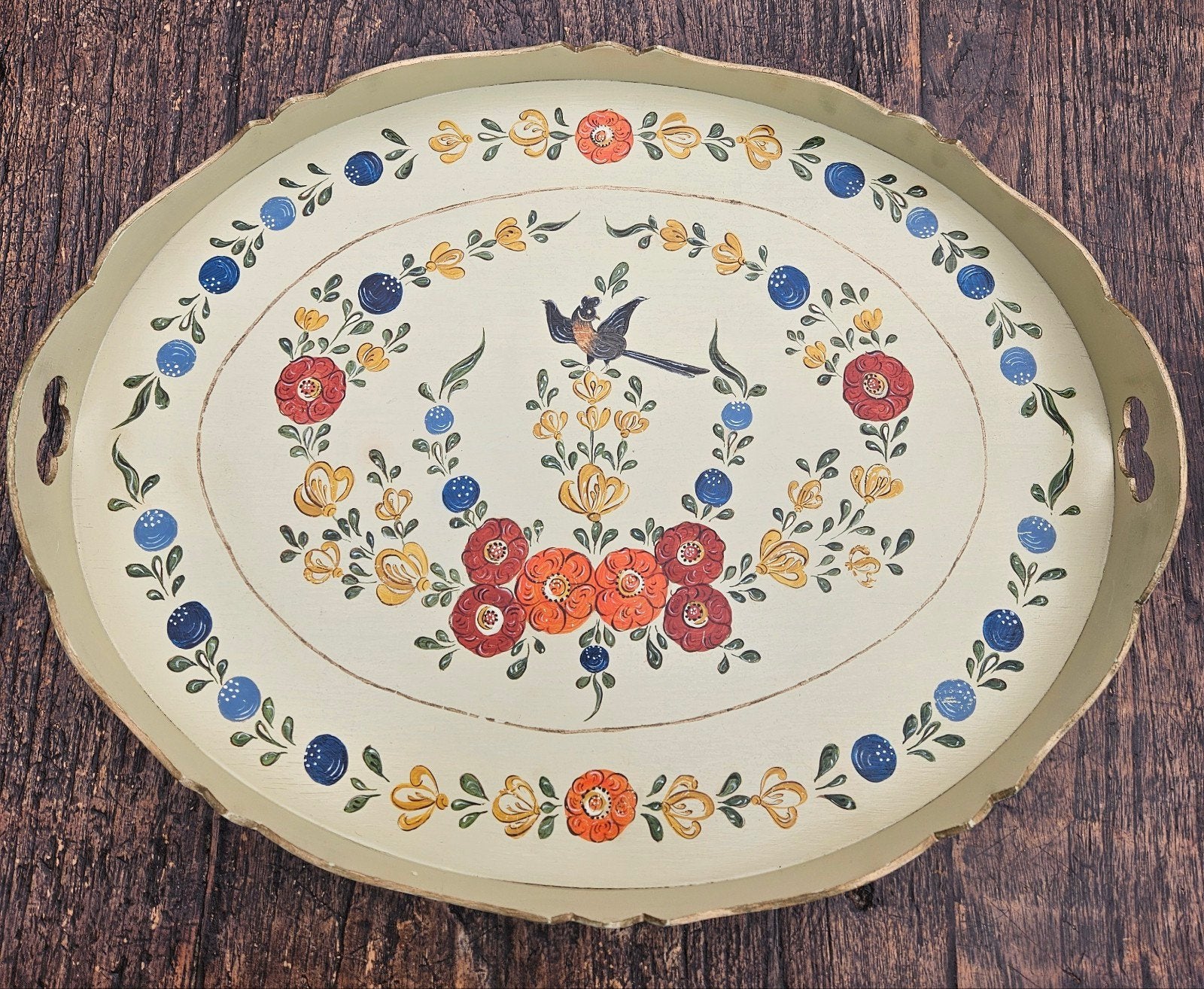Vintage Houten Dienblad – Hindeloopen Stijl, Gebruikt, Ophalen of Verzenden, Dienblad, Ovaal