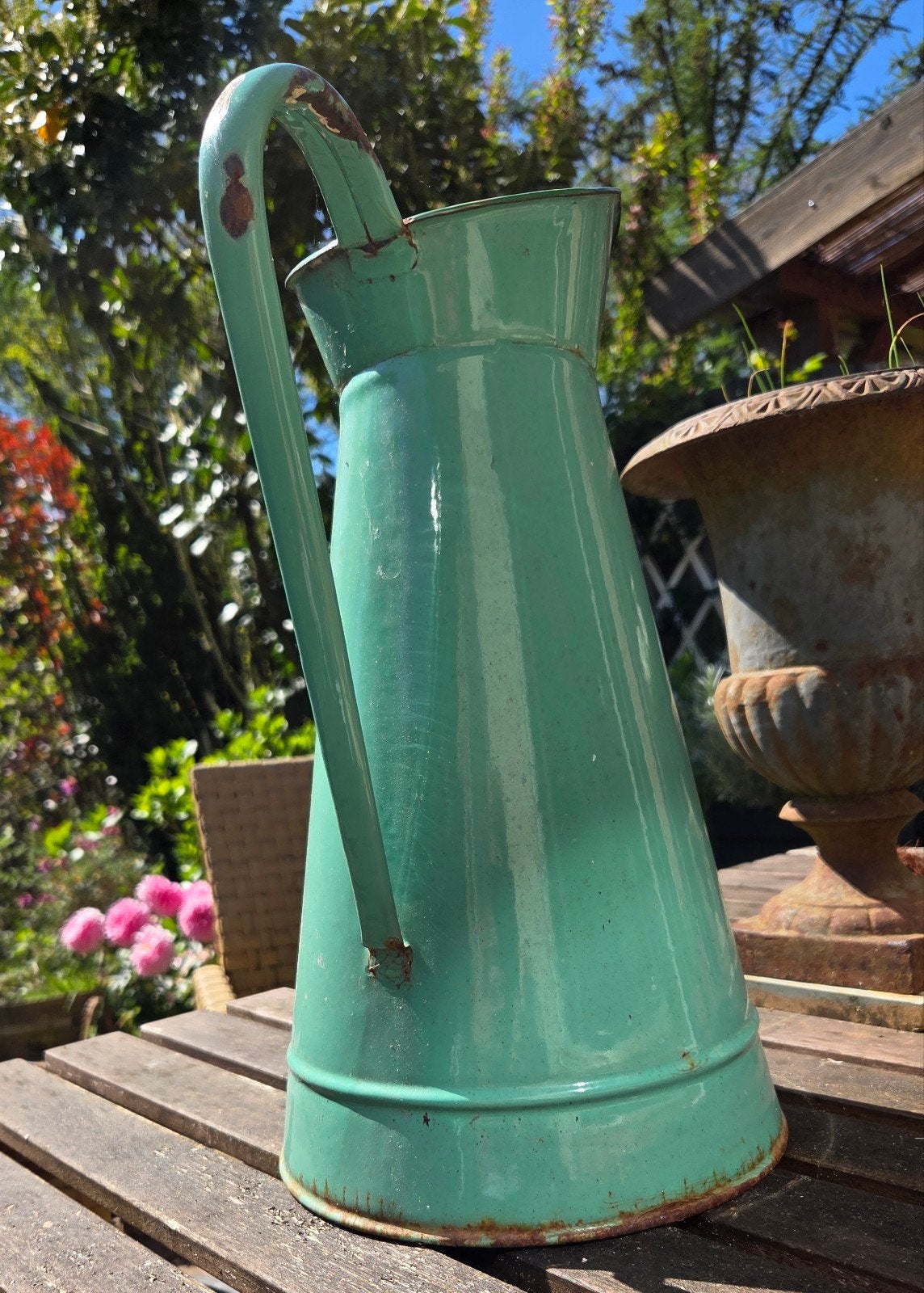 Oude Franse emaille water kan in een aparte kleur groen, Antiek en Kunst, Curiosa en Brocante, Ophalen of Verzenden