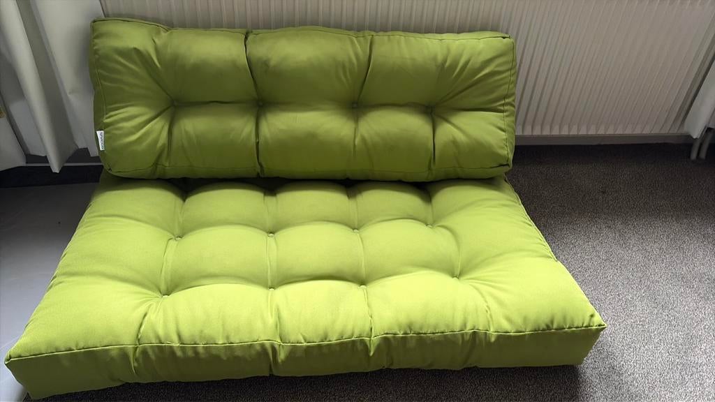 Groen palletkussen 120x80 zitting en rugleuning, Tuin en Terras, Tuinmeubel-accessoires, Ophalen of Verzenden, Zo goed als nieuw