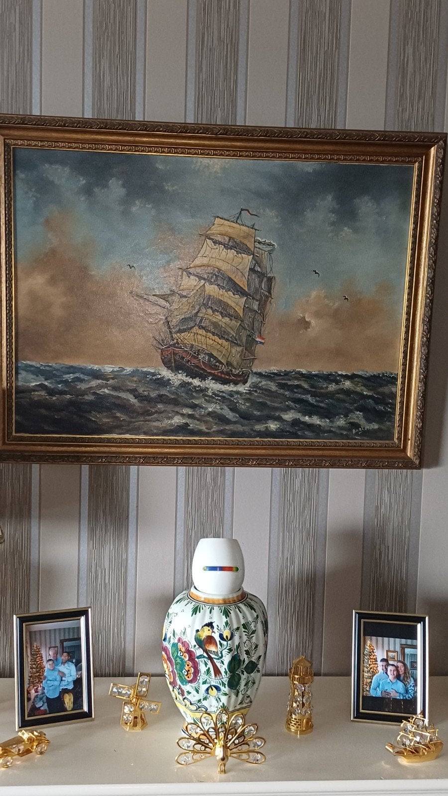 Olieverfschilderij van zeilschip op woelige zee, gesigneerd, Antiek en Kunst, Kunst | Schilderijen | Klassiek, Ophalen of Verzenden