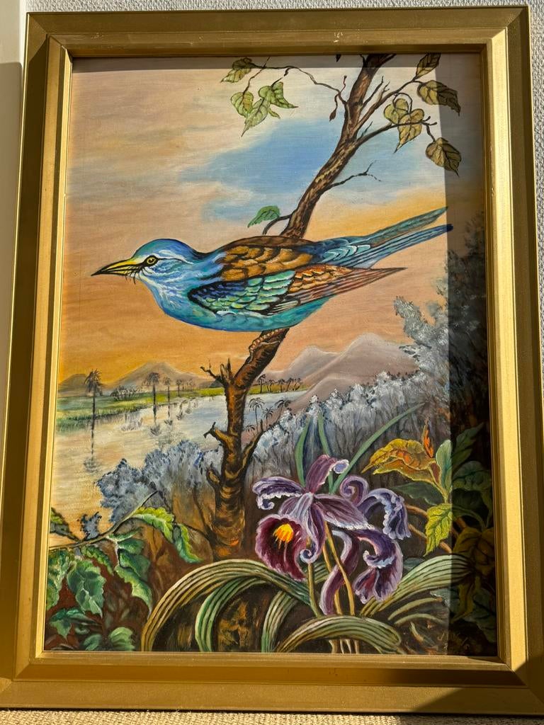 Schilderij met blauw vogeltje, Antiek en Kunst, Ophalen