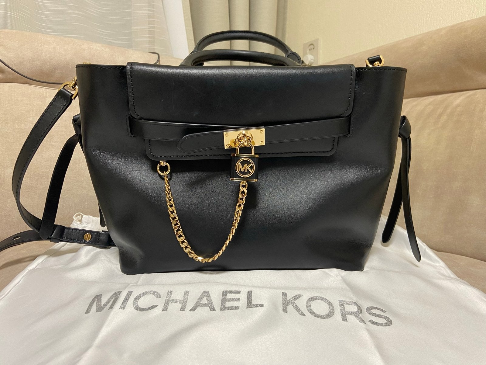 Michael Kors Hamilton Legacy Grote Leren Satchel Zwart, Ophalen of Verzenden, Zo goed als nieuw, Zwart, Handtas